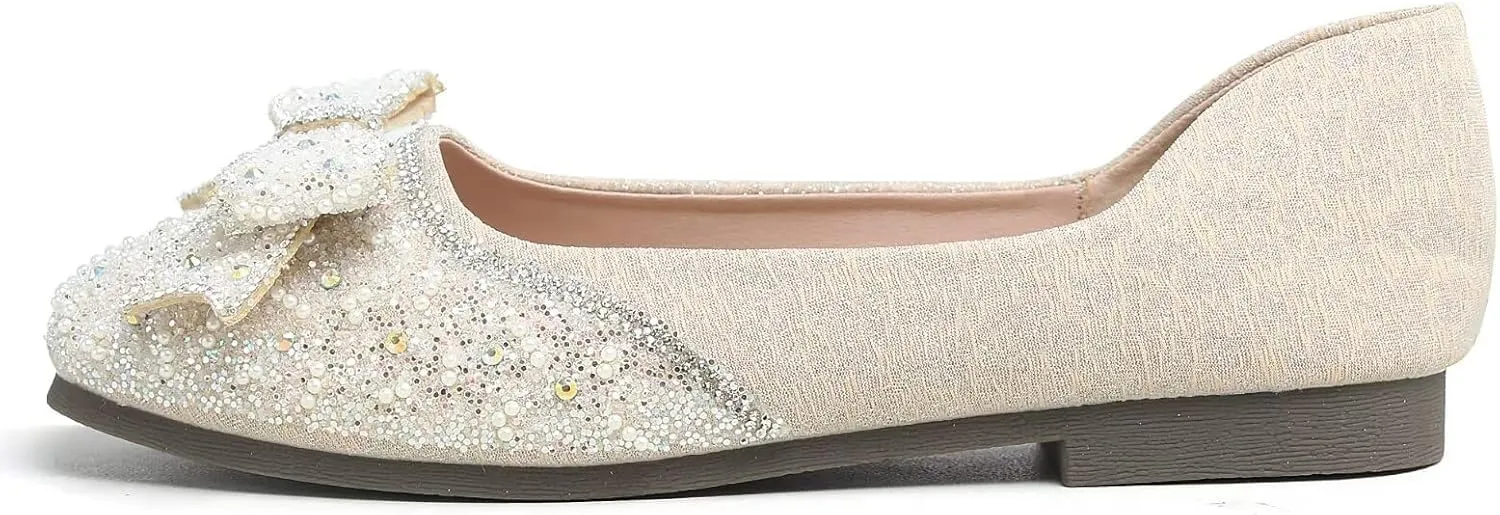 TN TANGNEST Ballet Flats for Women Brief Style Square Toe Pearl Bowtie Flat Shoes Casual Rhinestone Dress Flat Loafers