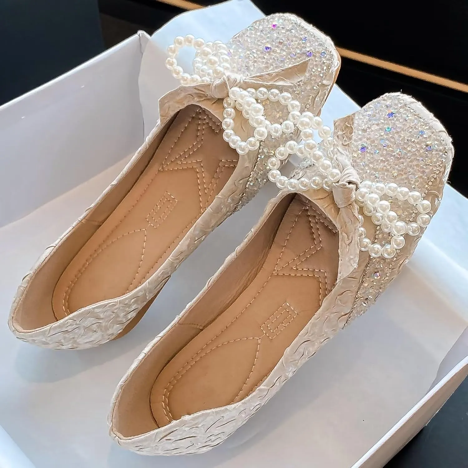 TN TANGNEST Ballet Flats for Women Brief Style Square Toe Pearl Bowtie Flat Shoes Casual Rhinestone Dress Flat Loafers