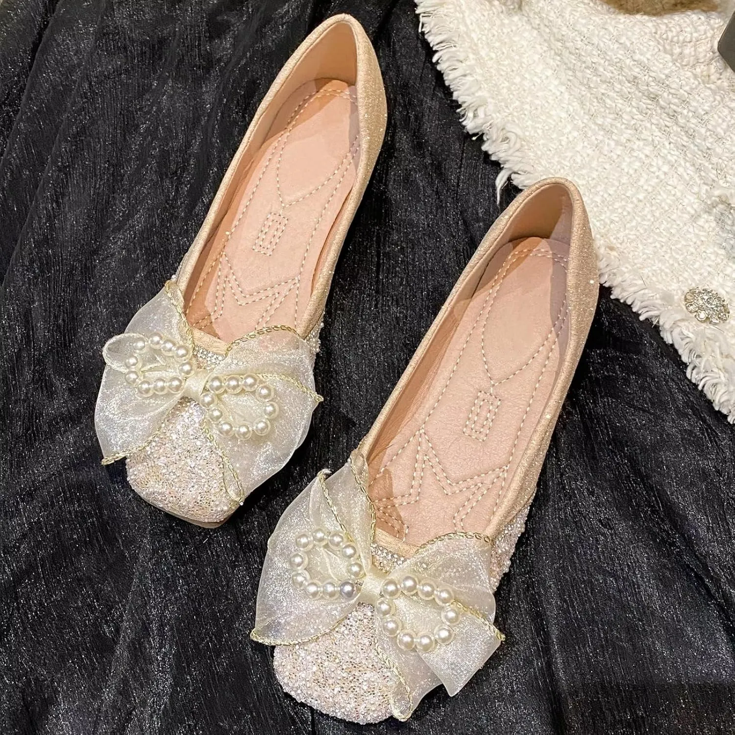 TN TANGNEST Ballet Flats for Women Brief Style Square Toe Pearl Bowtie Flat Shoes Casual Rhinestone Dress Flat Loafers