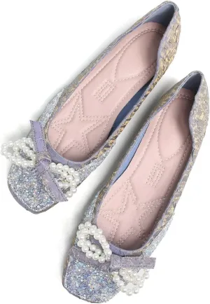 TN TANGNEST Ballet Flats for Women Brief Style Square Toe Pearl Bowtie Flat Shoes Casual Rhinestone Dress Flat Loafers