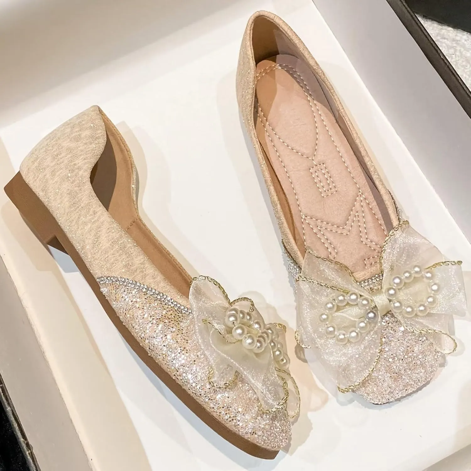 TN TANGNEST Ballet Flats for Women Brief Style Square Toe Pearl Bowtie Flat Shoes Casual Rhinestone Dress Flat Loafers