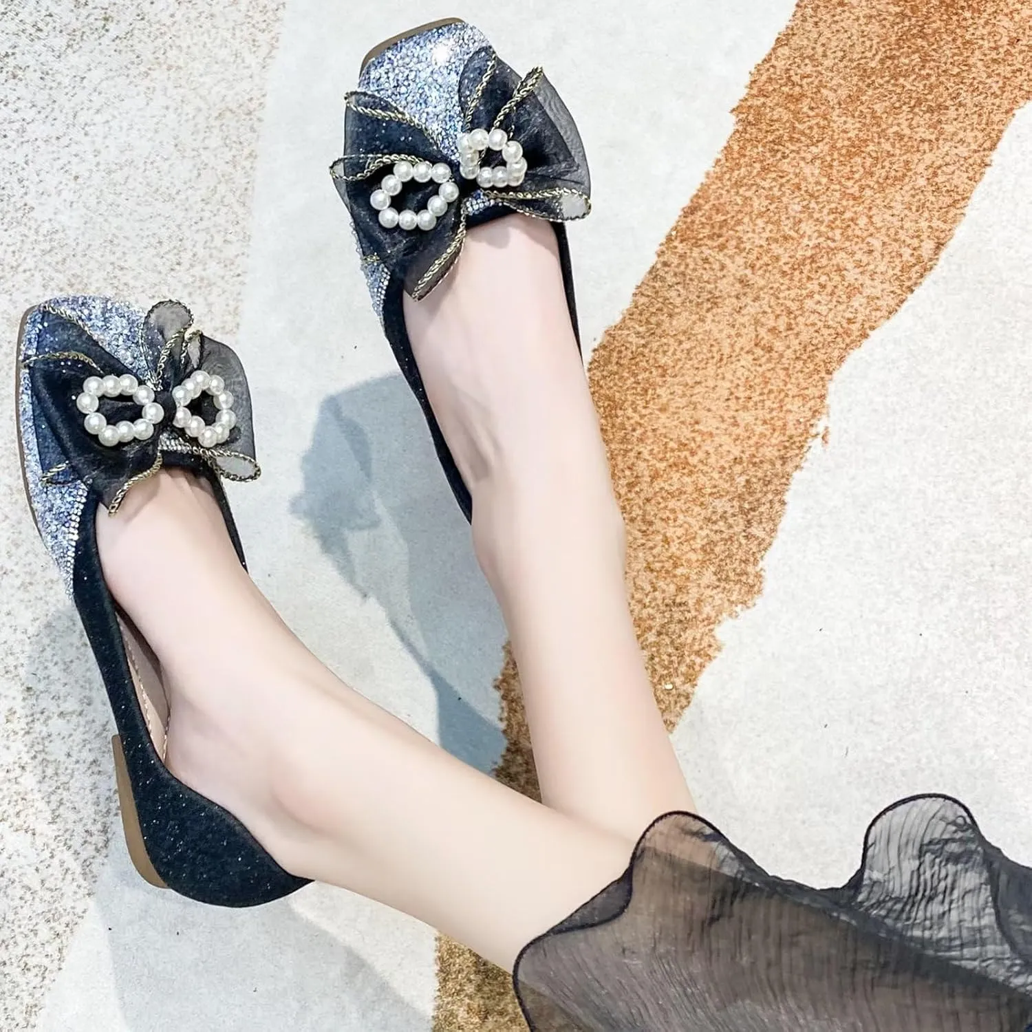 TN TANGNEST Ballet Flats for Women Brief Style Square Toe Pearl Bowtie Flat Shoes Casual Rhinestone Dress Flat Loafers