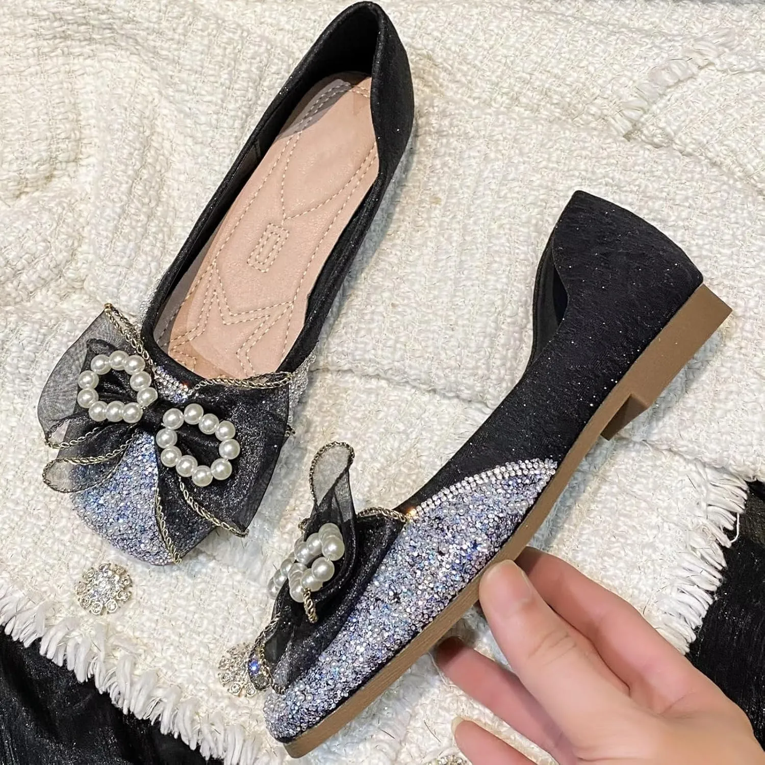 TN TANGNEST Ballet Flats for Women Brief Style Square Toe Pearl Bowtie Flat Shoes Casual Rhinestone Dress Flat Loafers