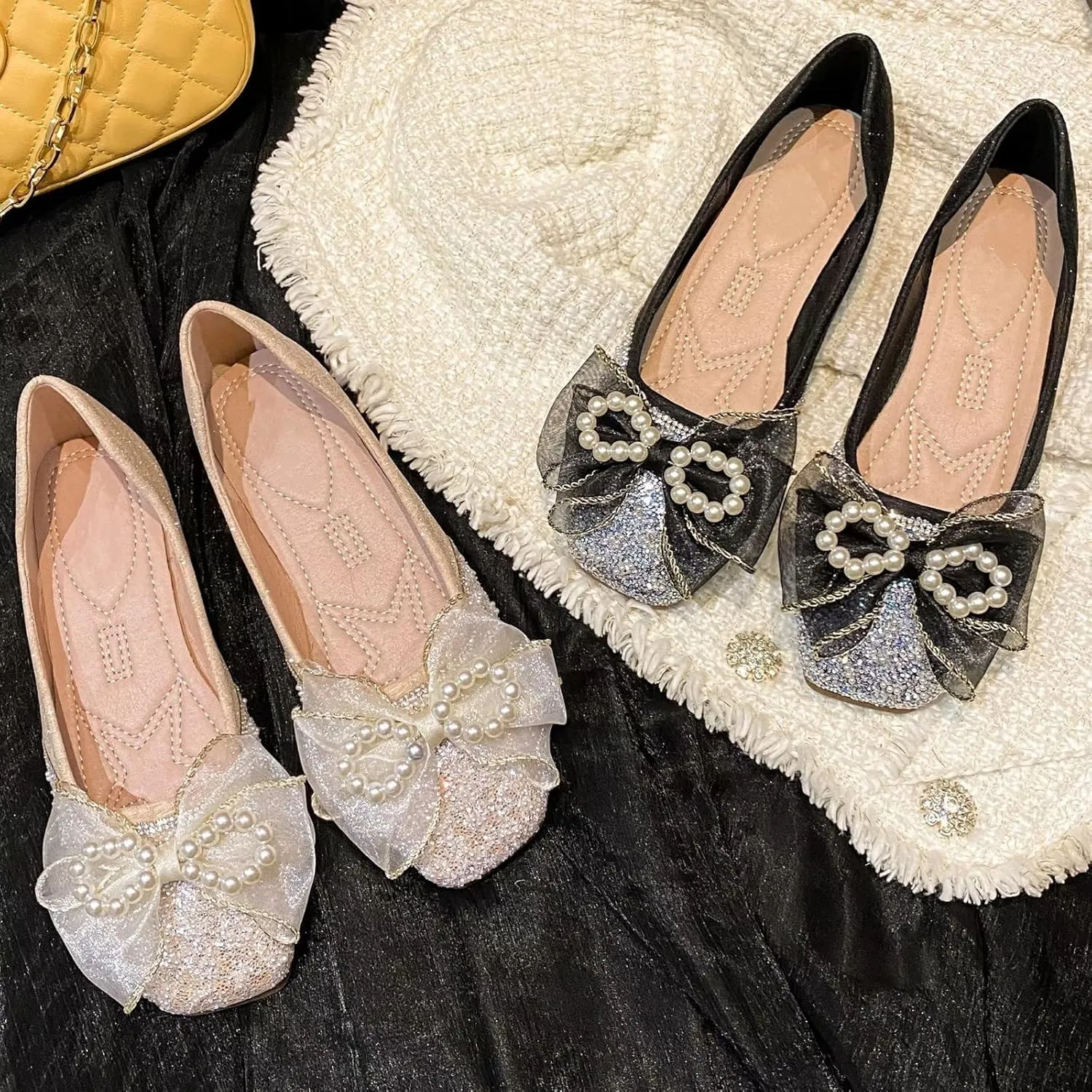 TN TANGNEST Ballet Flats for Women Brief Style Square Toe Pearl Bowtie Flat Shoes Casual Rhinestone Dress Flat Loafers