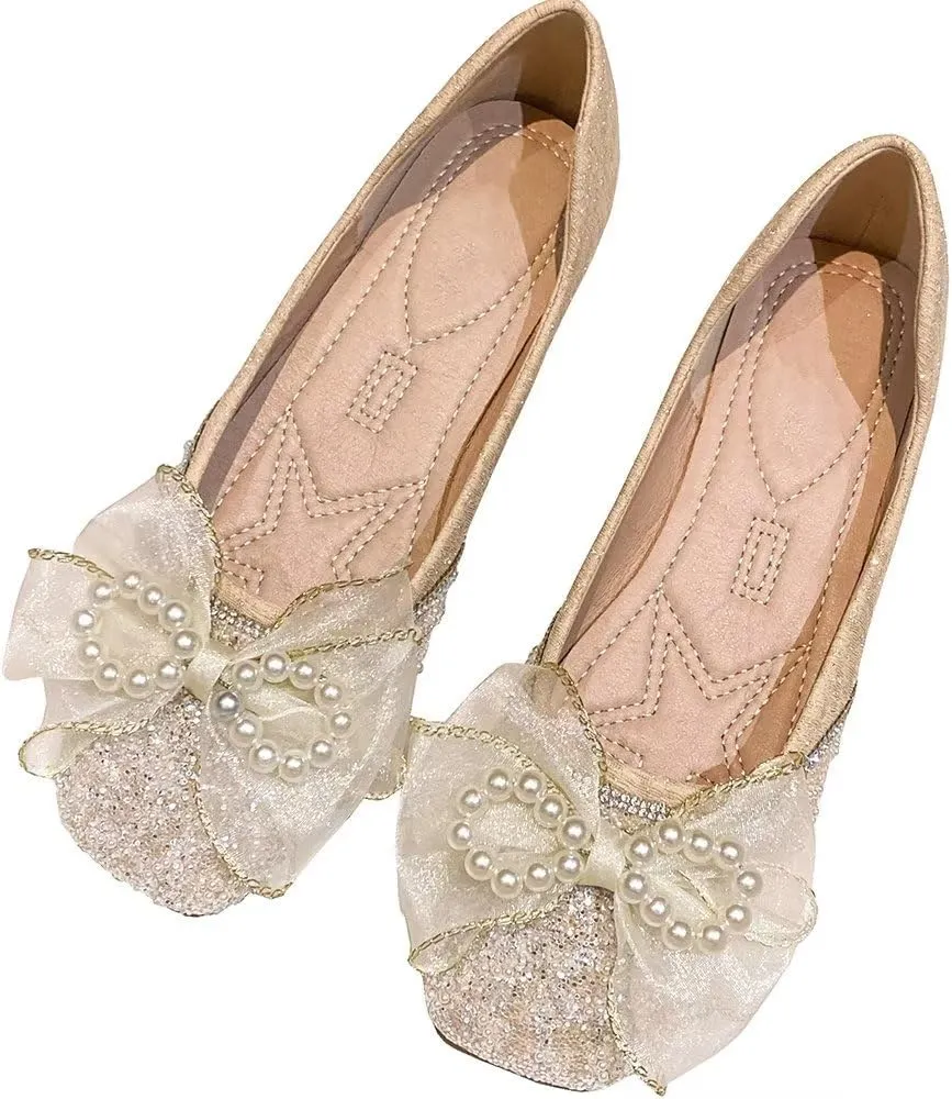 TN TANGNEST Ballet Flats for Women Brief Style Square Toe Pearl Bowtie Flat Shoes Casual Rhinestone Dress Flat Loafers