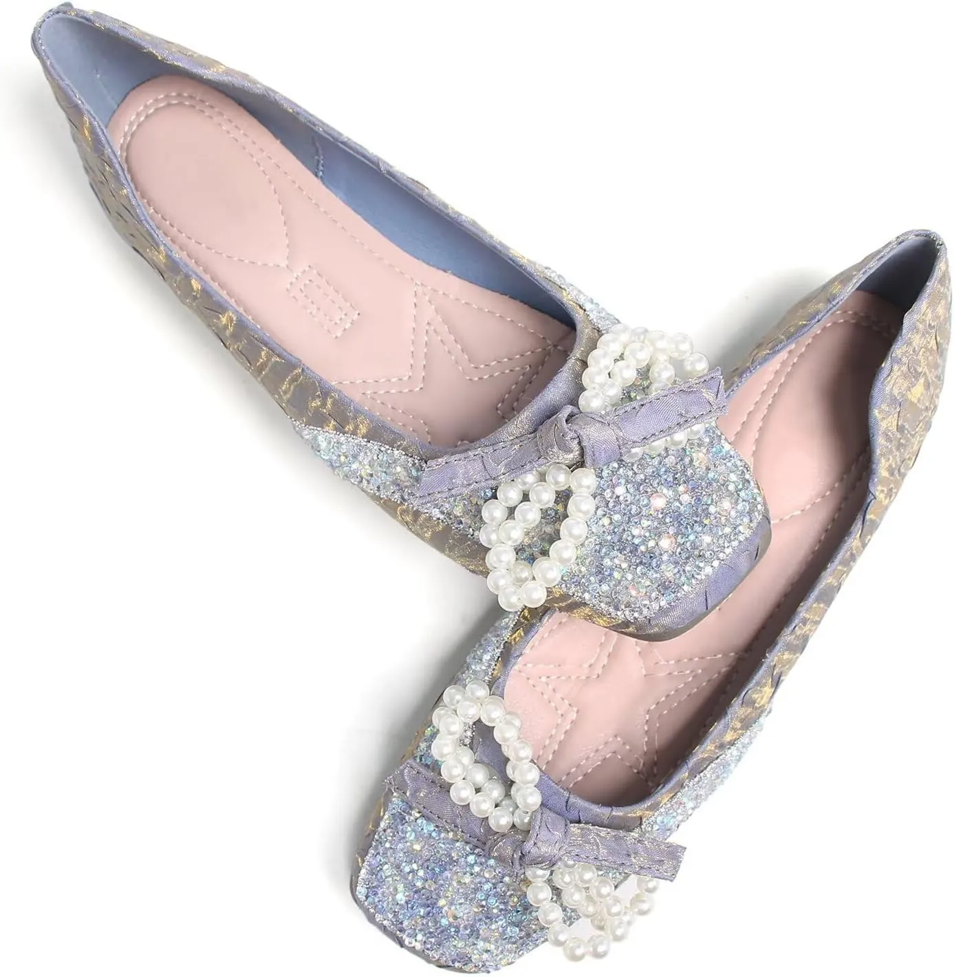 TN TANGNEST Ballet Flats for Women Brief Style Square Toe Pearl Bowtie Flat Shoes Casual Rhinestone Dress Flat Loafers
