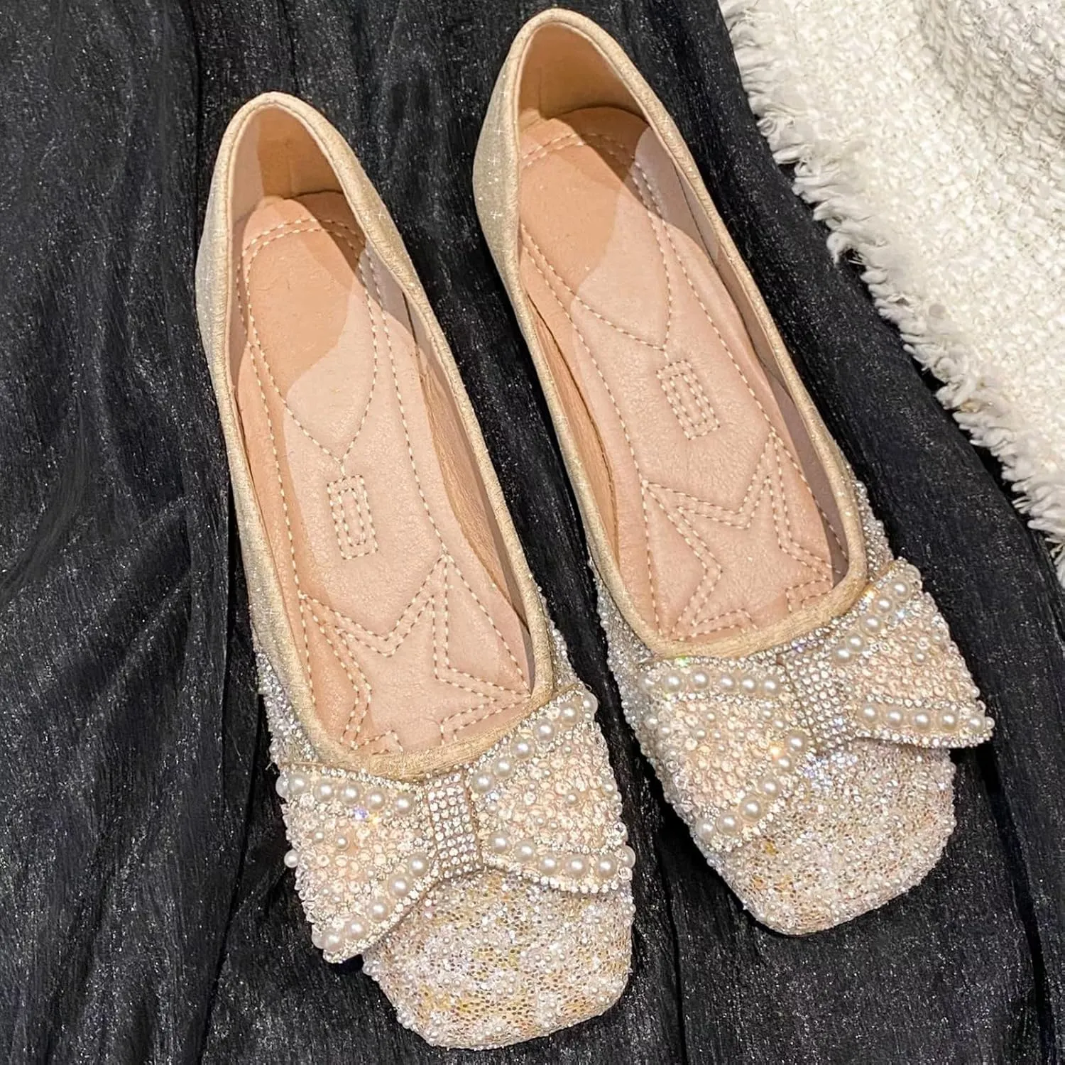 TN TANGNEST Ballet Flats for Women Brief Style Square Toe Pearl Bowtie Flat Shoes Casual Rhinestone Dress Flat Loafers