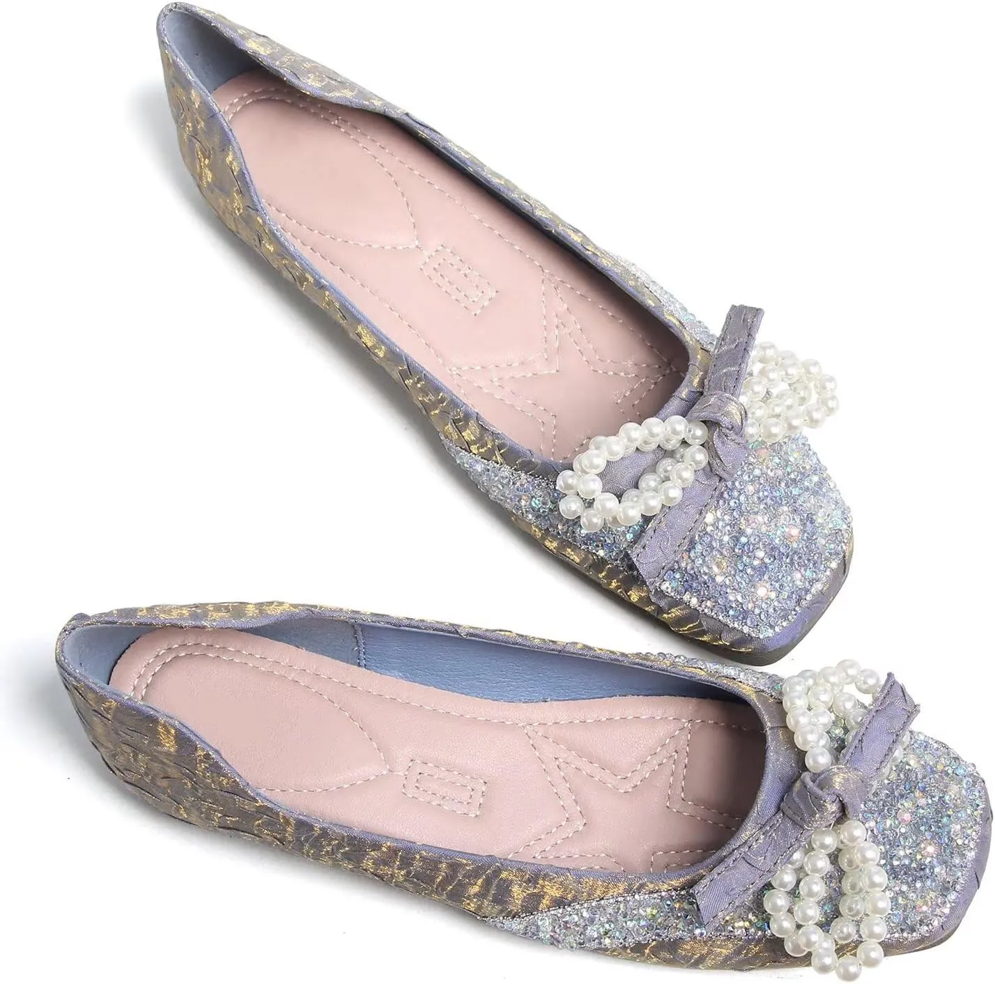 TN TANGNEST Ballet Flats for Women Brief Style Square Toe Pearl Bowtie Flat Shoes Casual Rhinestone Dress Flat Loafers