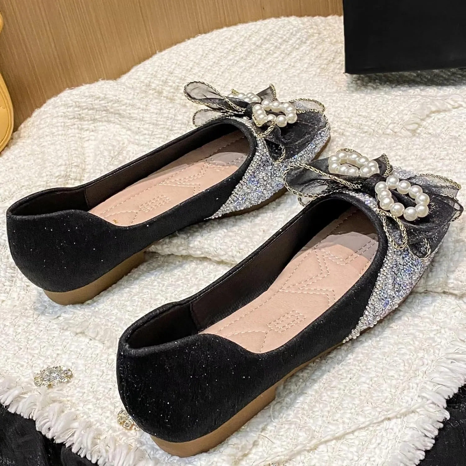 TN TANGNEST Ballet Flats for Women Brief Style Square Toe Pearl Bowtie Flat Shoes Casual Rhinestone Dress Flat Loafers