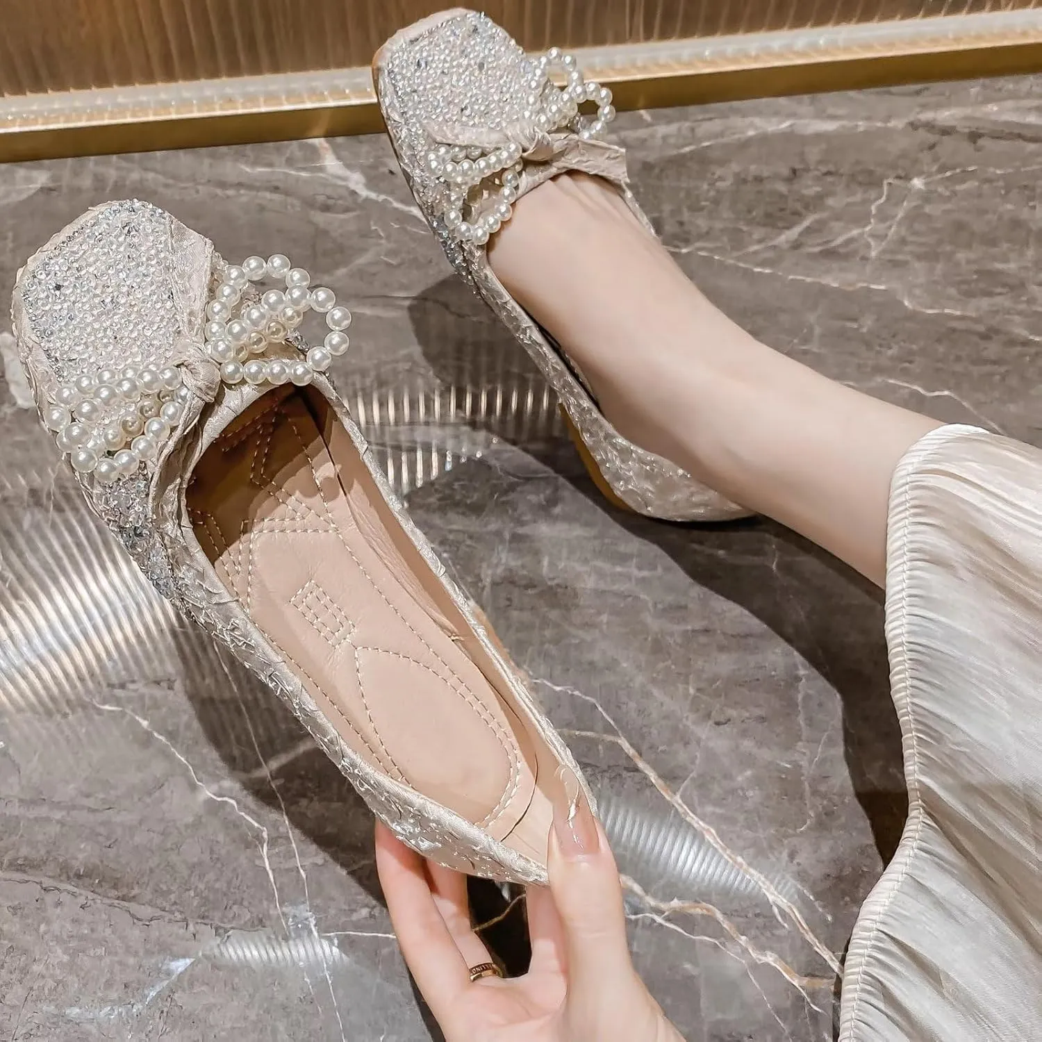 TN TANGNEST Ballet Flats for Women Brief Style Square Toe Pearl Bowtie Flat Shoes Casual Rhinestone Dress Flat Loafers