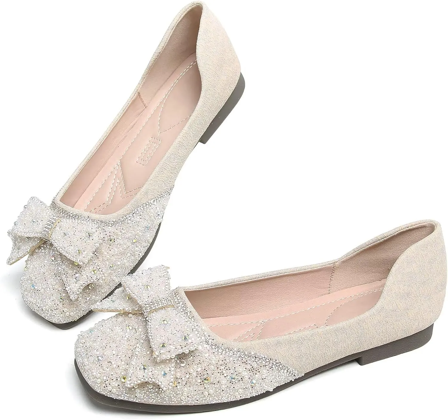TN TANGNEST Ballet Flats for Women Brief Style Square Toe Pearl Bowtie Flat Shoes Casual Rhinestone Dress Flat Loafers