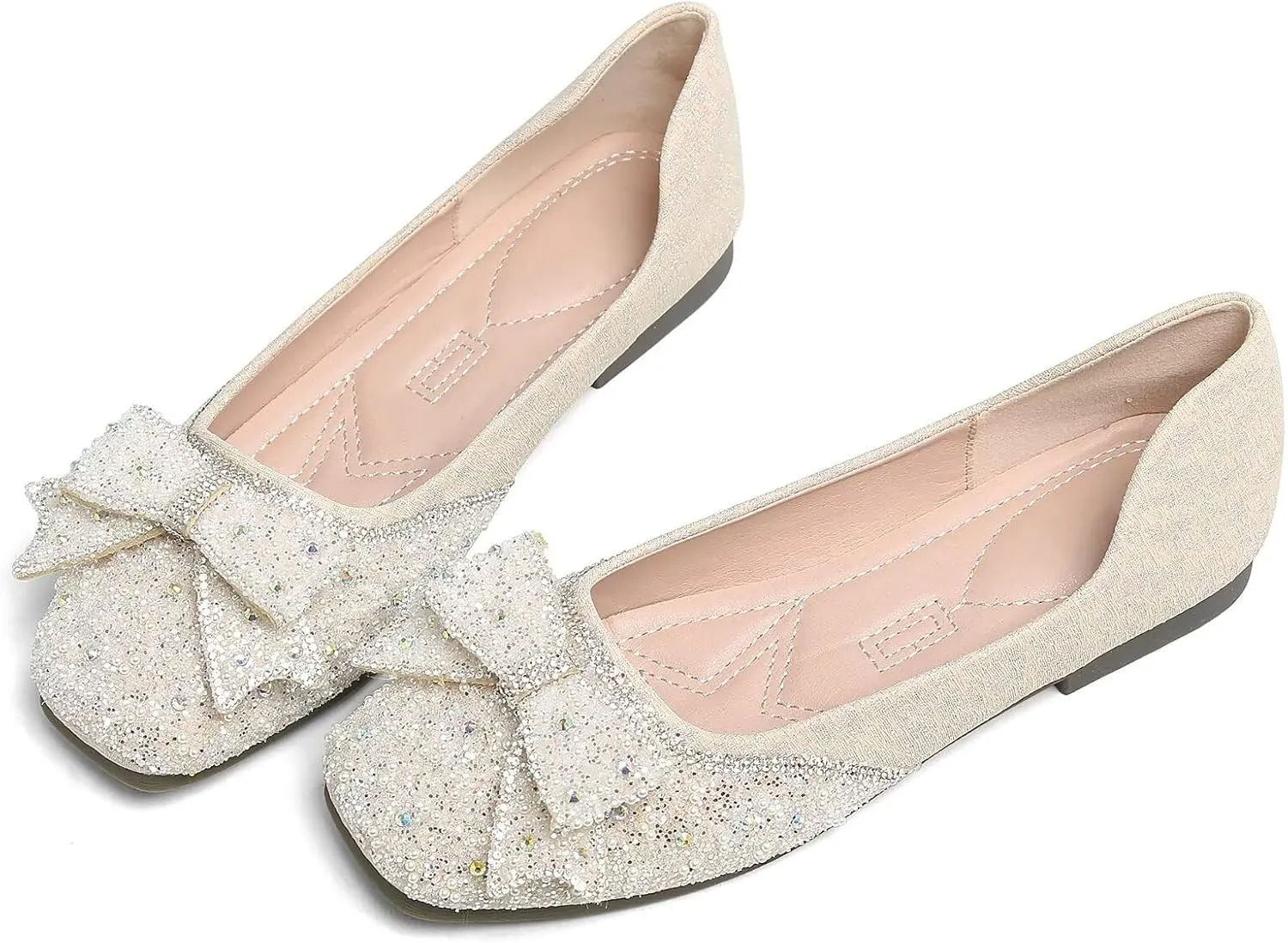 TN TANGNEST Ballet Flats for Women Brief Style Square Toe Pearl Bowtie Flat Shoes Casual Rhinestone Dress Flat Loafers