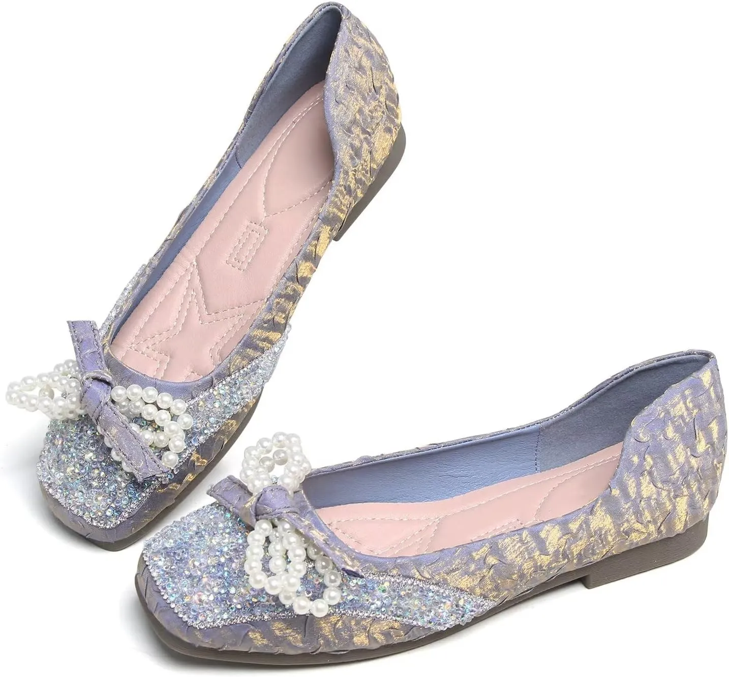 TN TANGNEST Ballet Flats for Women Brief Style Square Toe Pearl Bowtie Flat Shoes Casual Rhinestone Dress Flat Loafers