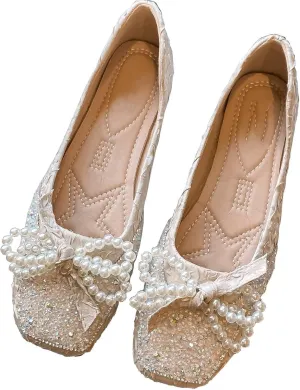 TN TANGNEST Ballet Flats for Women Brief Style Square Toe Pearl Bowtie Flat Shoes Casual Rhinestone Dress Flat Loafers