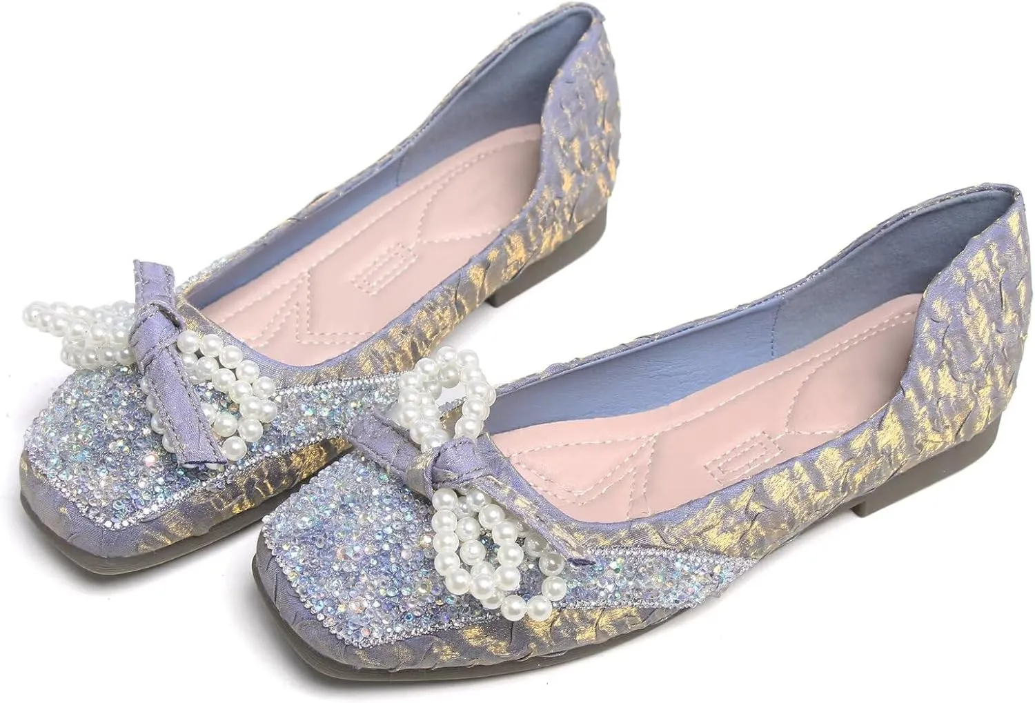 TN TANGNEST Ballet Flats for Women Brief Style Square Toe Pearl Bowtie Flat Shoes Casual Rhinestone Dress Flat Loafers