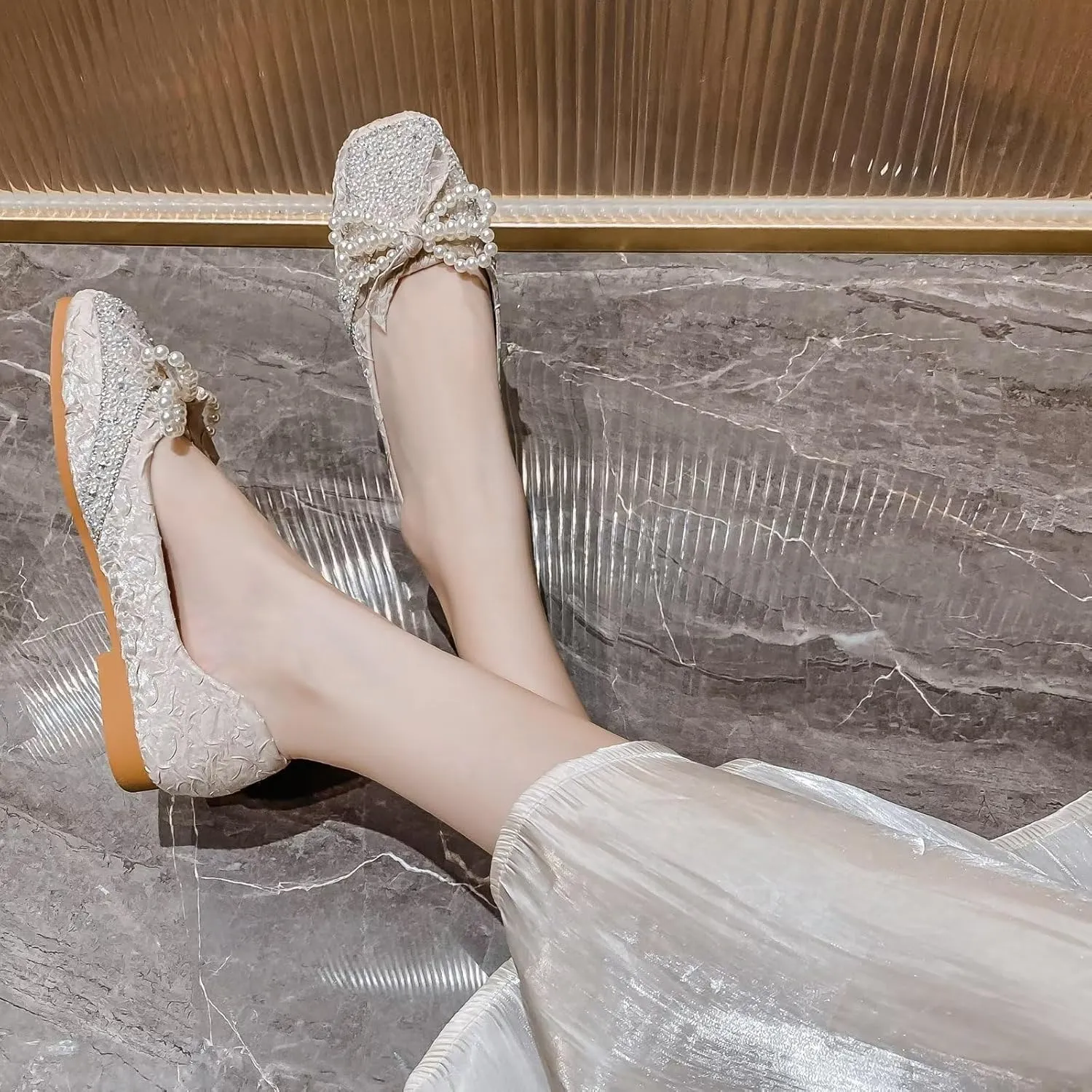 TN TANGNEST Ballet Flats for Women Brief Style Square Toe Pearl Bowtie Flat Shoes Casual Rhinestone Dress Flat Loafers