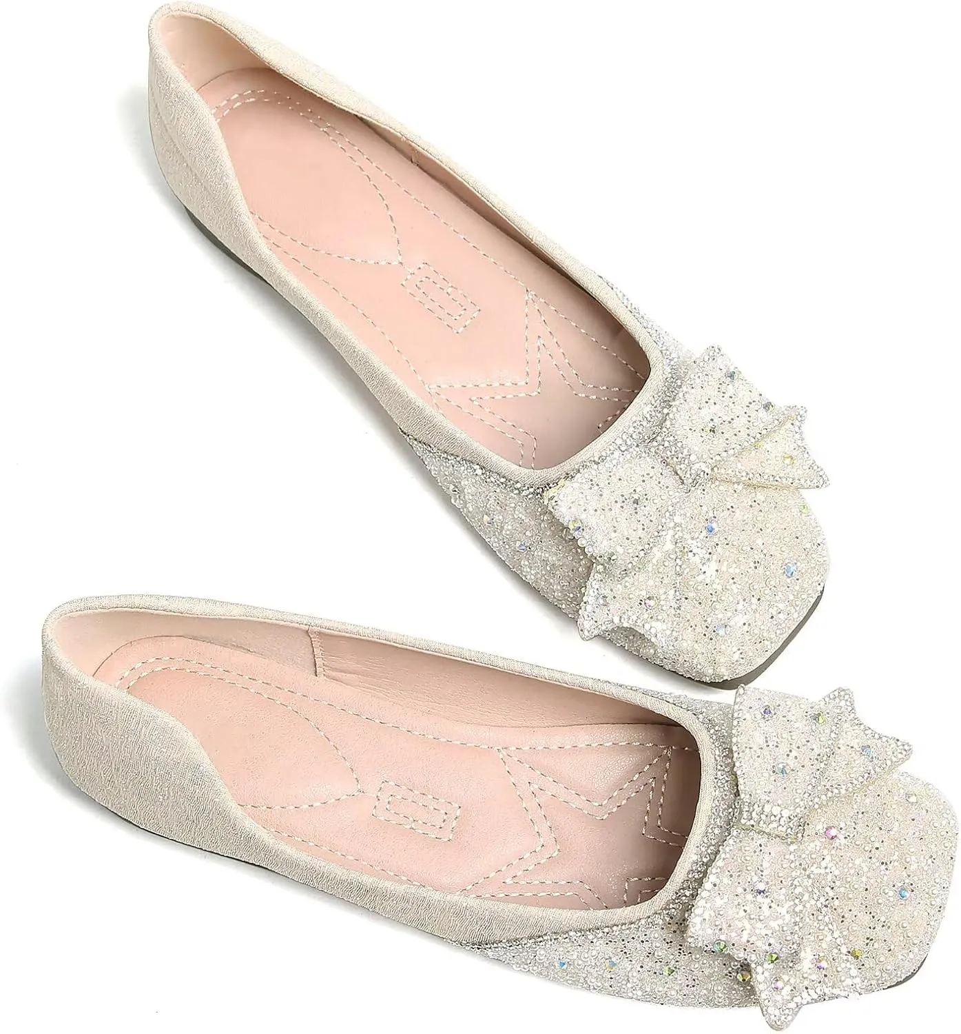 TN TANGNEST Ballet Flats for Women Brief Style Square Toe Pearl Bowtie Flat Shoes Casual Rhinestone Dress Flat Loafers