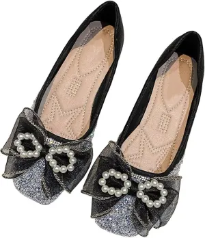 TN TANGNEST Ballet Flats for Women Brief Style Square Toe Pearl Bowtie Flat Shoes Casual Rhinestone Dress Flat Loafers