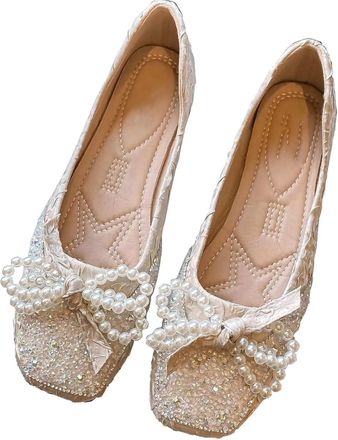 TN TANGNEST Ballet Flats for Women Brief Style Square Toe Pearl Bowtie Flat Shoes Casual Rhinestone Dress Flat Loafers
