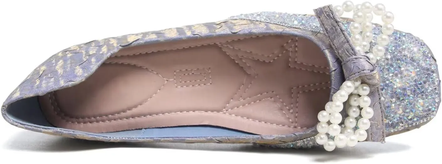 TN TANGNEST Ballet Flats for Women Brief Style Square Toe Pearl Bowtie Flat Shoes Casual Rhinestone Dress Flat Loafers