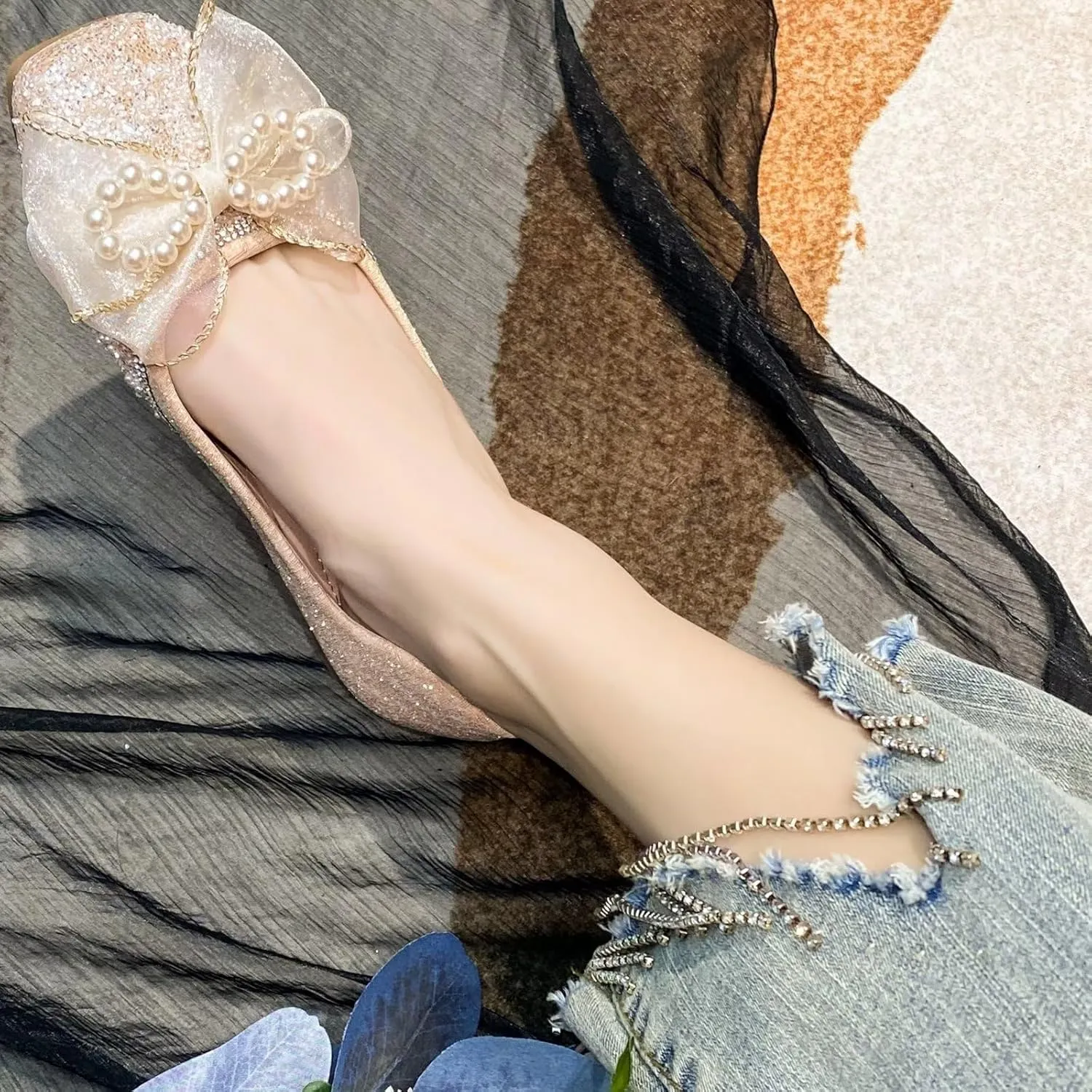 TN TANGNEST Ballet Flats for Women Brief Style Square Toe Pearl Bowtie Flat Shoes Casual Rhinestone Dress Flat Loafers