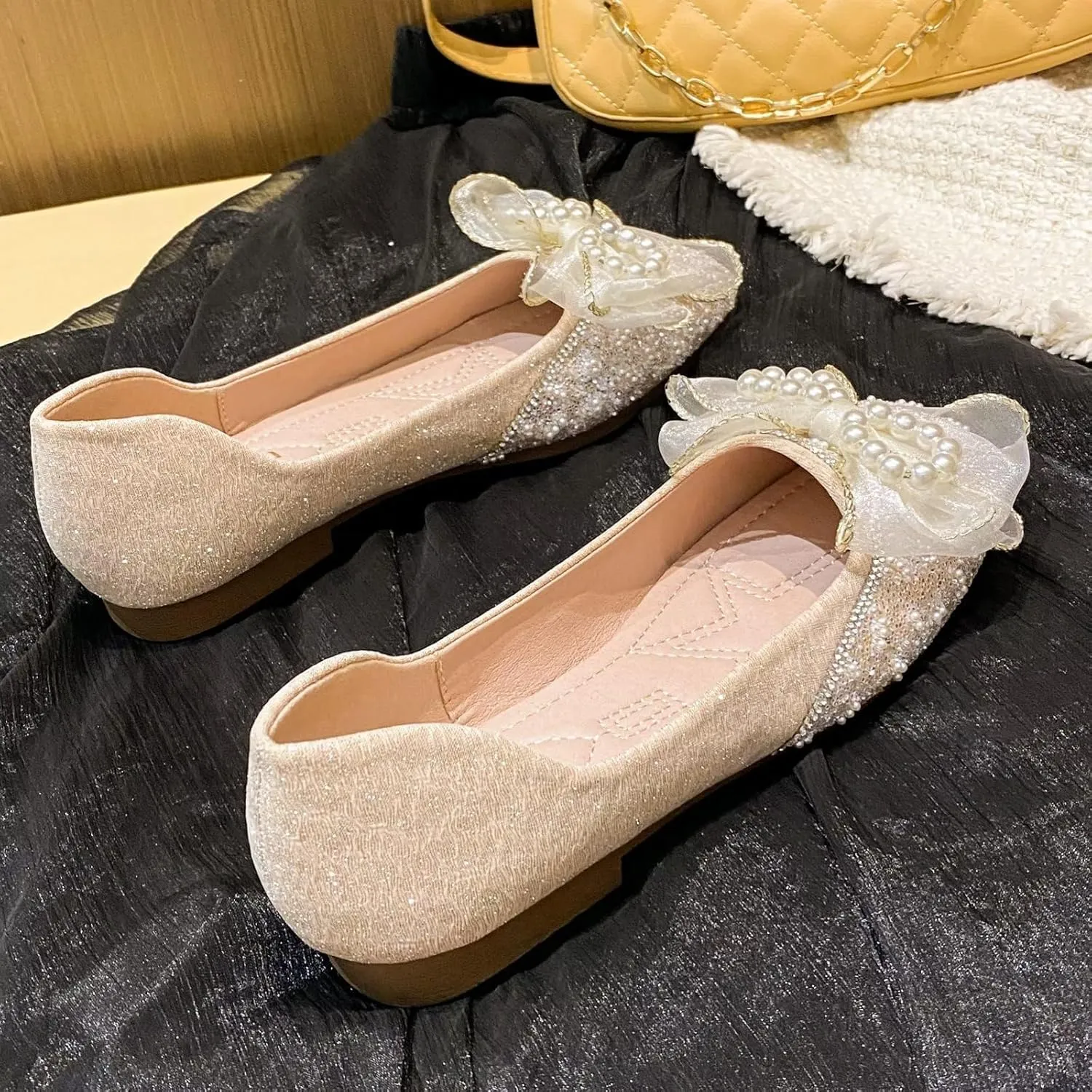 TN TANGNEST Ballet Flats for Women Brief Style Square Toe Pearl Bowtie Flat Shoes Casual Rhinestone Dress Flat Loafers