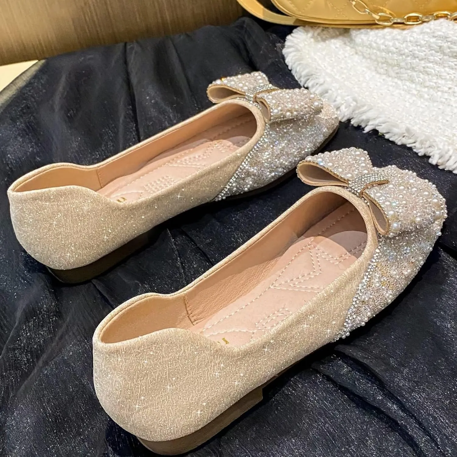 TN TANGNEST Ballet Flats for Women Brief Style Square Toe Pearl Bowtie Flat Shoes Casual Rhinestone Dress Flat Loafers