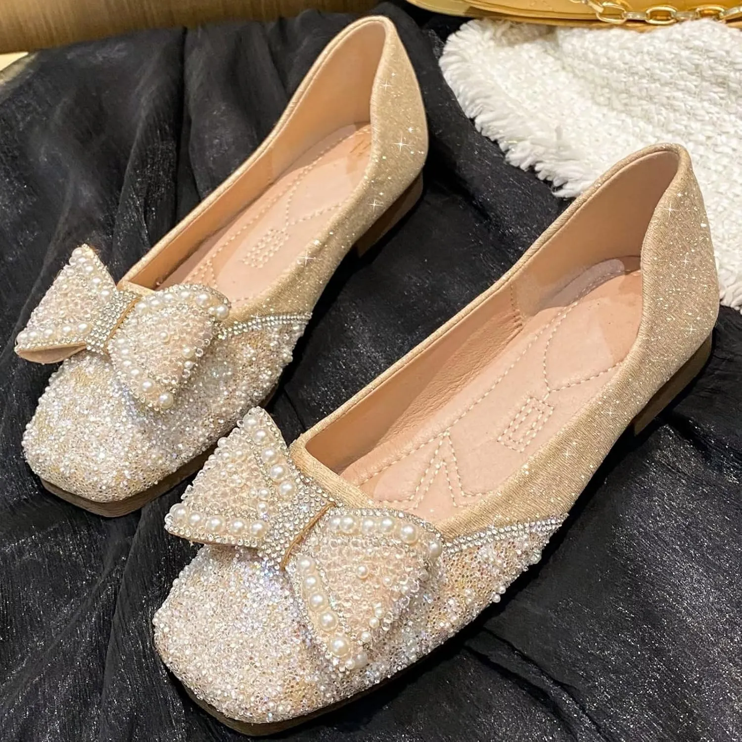 TN TANGNEST Ballet Flats for Women Brief Style Square Toe Pearl Bowtie Flat Shoes Casual Rhinestone Dress Flat Loafers