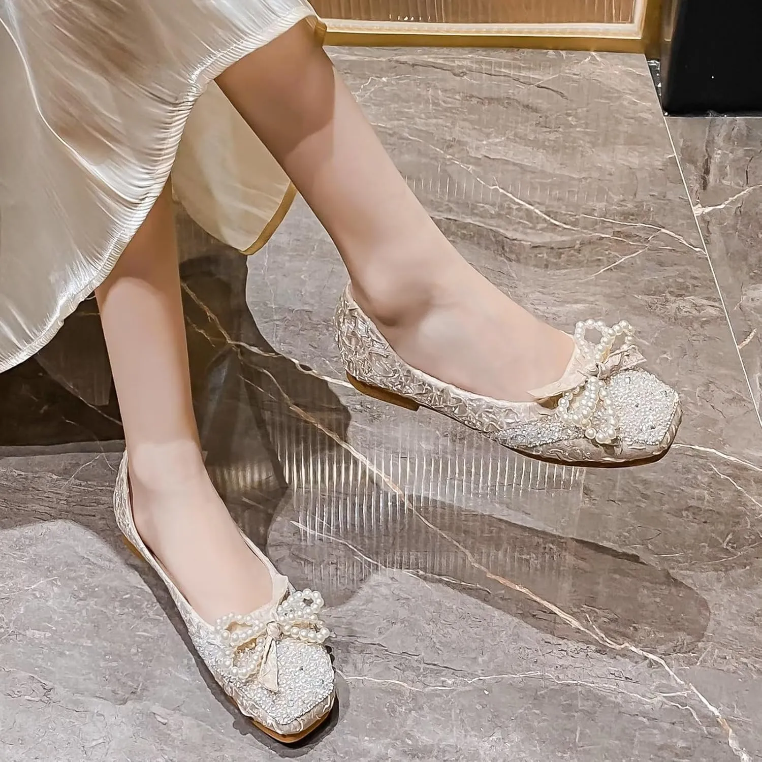 TN TANGNEST Ballet Flats for Women Brief Style Square Toe Pearl Bowtie Flat Shoes Casual Rhinestone Dress Flat Loafers