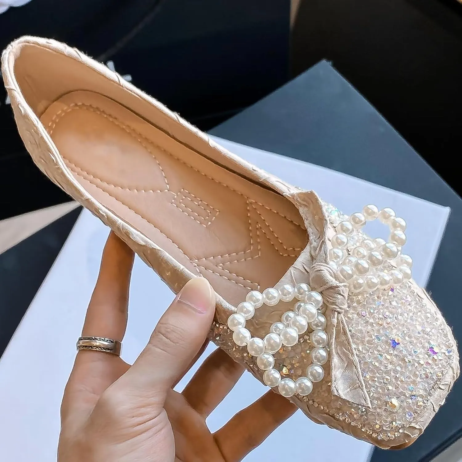 TN TANGNEST Ballet Flats for Women Brief Style Square Toe Pearl Bowtie Flat Shoes Casual Rhinestone Dress Flat Loafers