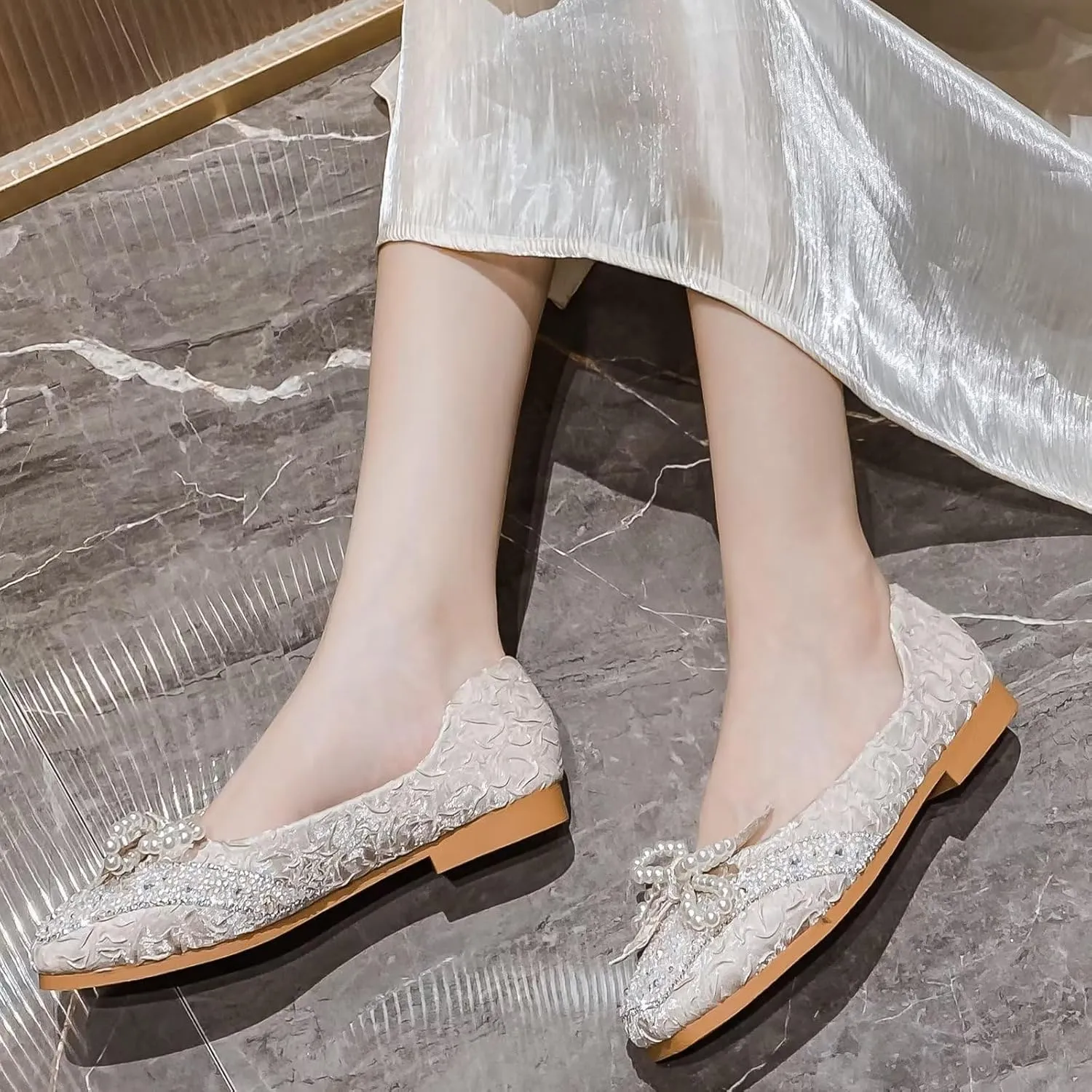 TN TANGNEST Ballet Flats for Women Brief Style Square Toe Pearl Bowtie Flat Shoes Casual Rhinestone Dress Flat Loafers