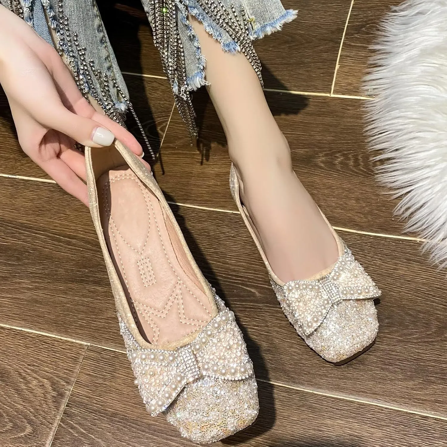 TN TANGNEST Ballet Flats for Women Brief Style Square Toe Pearl Bowtie Flat Shoes Casual Rhinestone Dress Flat Loafers