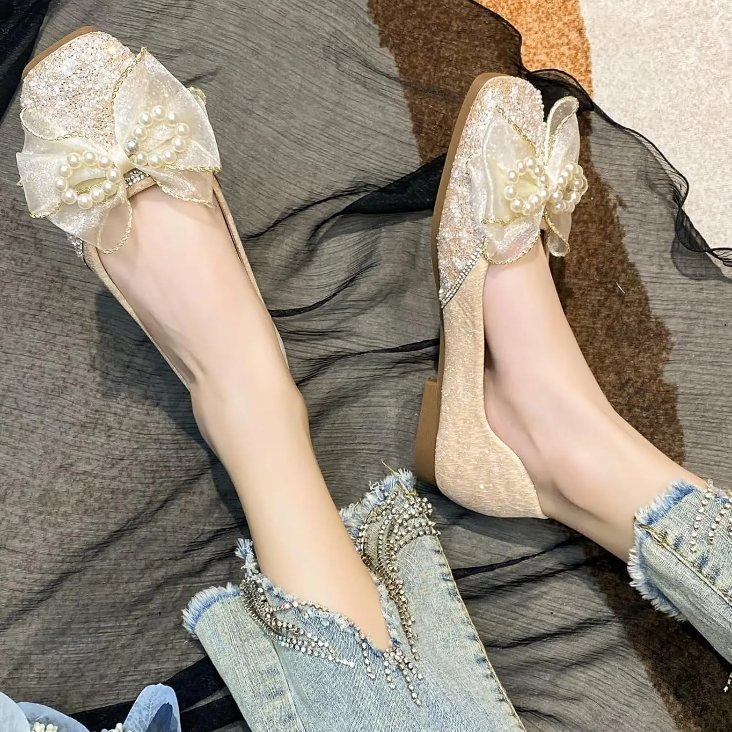 TN TANGNEST Ballet Flats for Women Brief Style Square Toe Pearl Bowtie Flat Shoes Casual Rhinestone Dress Flat Loafers