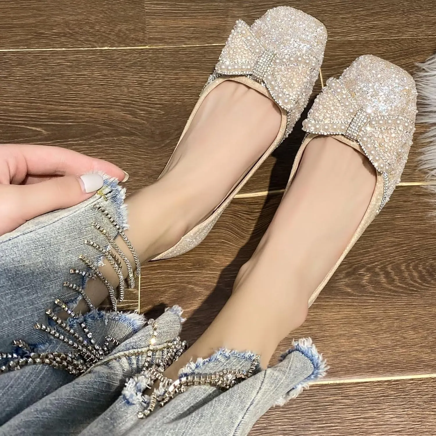 TN TANGNEST Ballet Flats for Women Brief Style Square Toe Pearl Bowtie Flat Shoes Casual Rhinestone Dress Flat Loafers