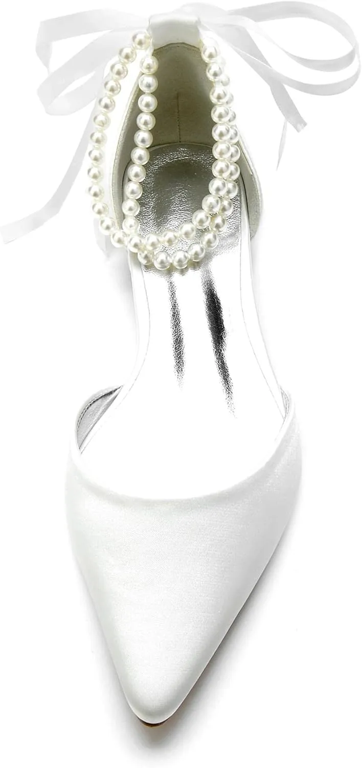 TNXZ Wedding Shoes Flats Women Pointed Toe Satin Pearls Ribbon Tie Bridal Dress Ballerina Sandals