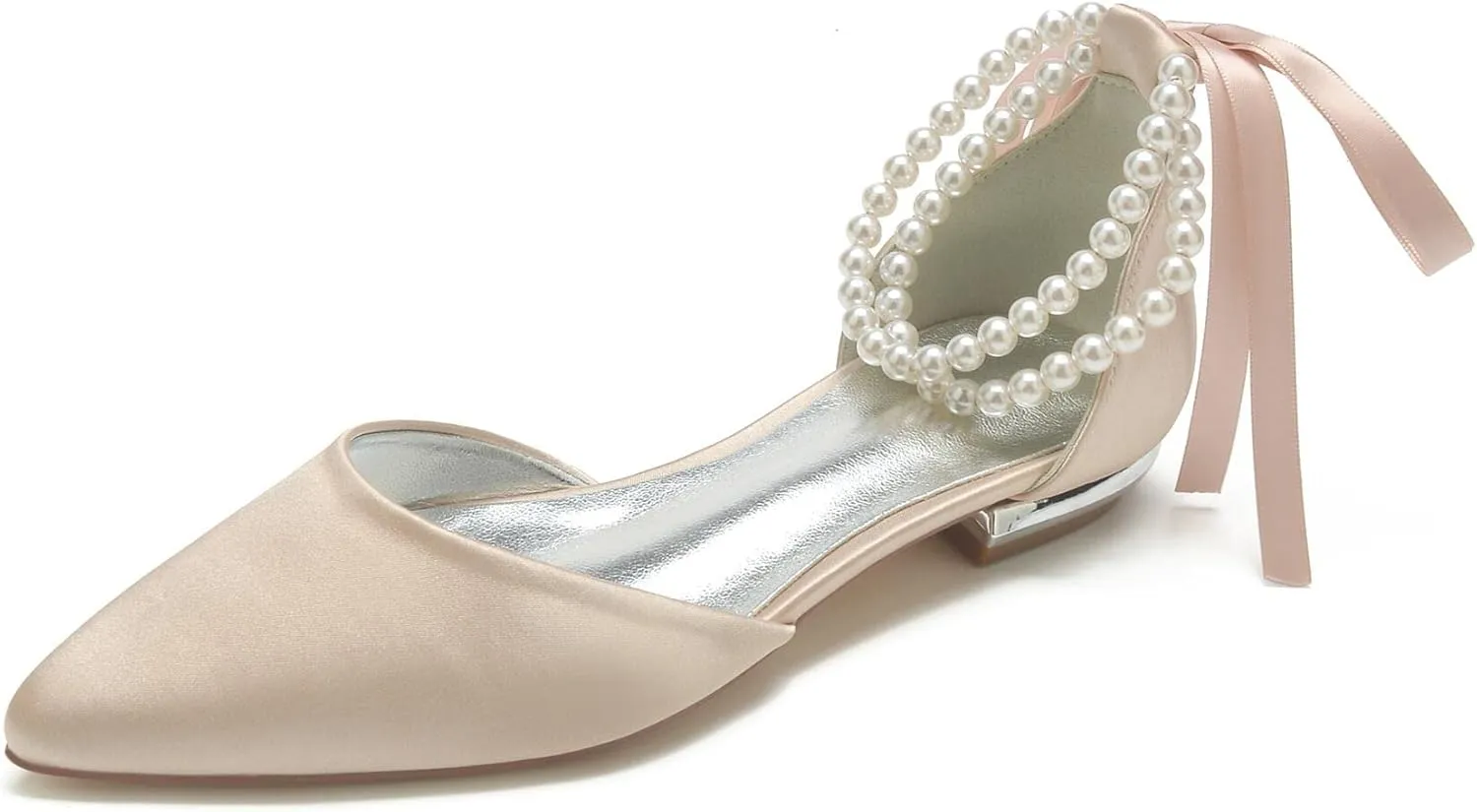 TNXZ Wedding Shoes Flats Women Pointed Toe Satin Pearls Ribbon Tie Bridal Dress Ballerina Sandals