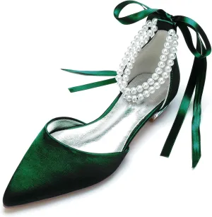 TNXZ Wedding Shoes Flats Women Pointed Toe Satin Pearls Ribbon Tie Bridal Dress Ballerina Sandals