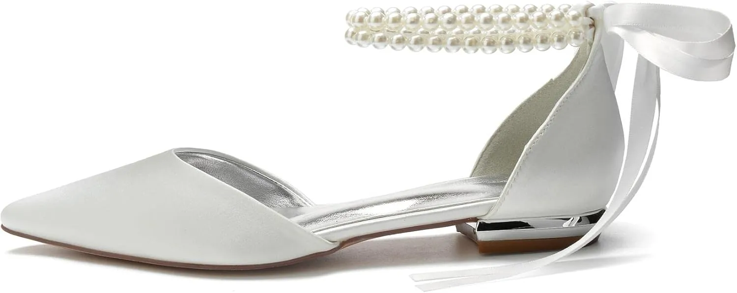 TNXZ Wedding Shoes Flats Women Pointed Toe Satin Pearls Ribbon Tie Bridal Dress Ballerina Sandals