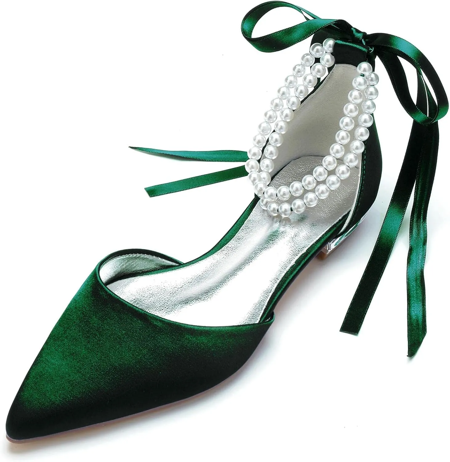 TNXZ Wedding Shoes Flats Women Pointed Toe Satin Pearls Ribbon Tie Bridal Dress Ballerina Sandals
