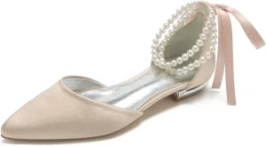 TNXZ Wedding Shoes Flats Women Pointed Toe Satin Pearls Ribbon Tie Bridal Dress Ballerina Sandals