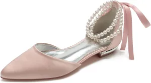 TNXZ Wedding Shoes Flats Women Pointed Toe Satin Pearls Ribbon Tie Bridal Dress Ballerina Sandals