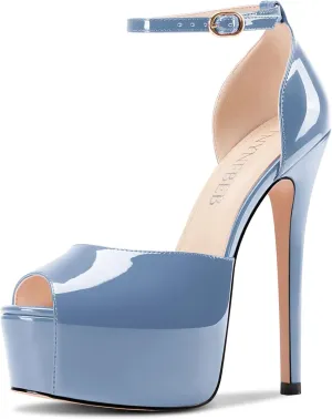 TNYNFBEB Womens Stiletto High Platform Heel Peep Open Toe Sandals Ankle Strap Buckle Prom Party Dress Patent Leather 6.1 Inches Heels