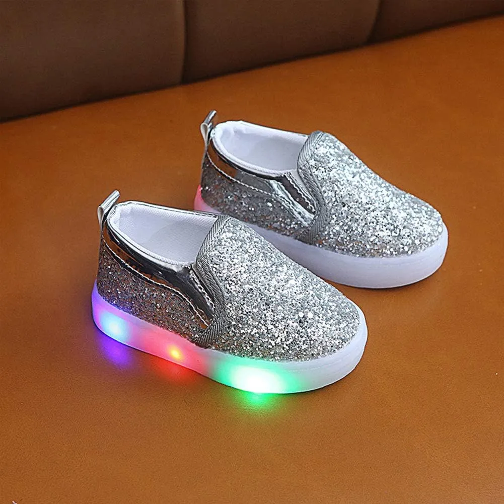 Toddler Girl's Light Up Sequins Slip On Loafers Baby Glitter Shoes Flashing LED Casual Princess Party Shoes Flat Sneakers (Toddler/Little Kid)