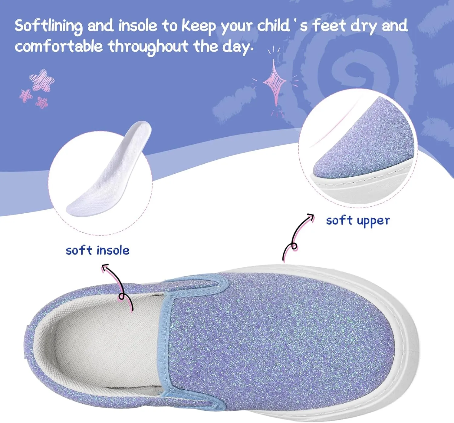 Toddler Sneakers for Girls Boys Low Top Slip On Kids Canvas Casual Shoes Comfortable Walking Sequins Glitter Shoes