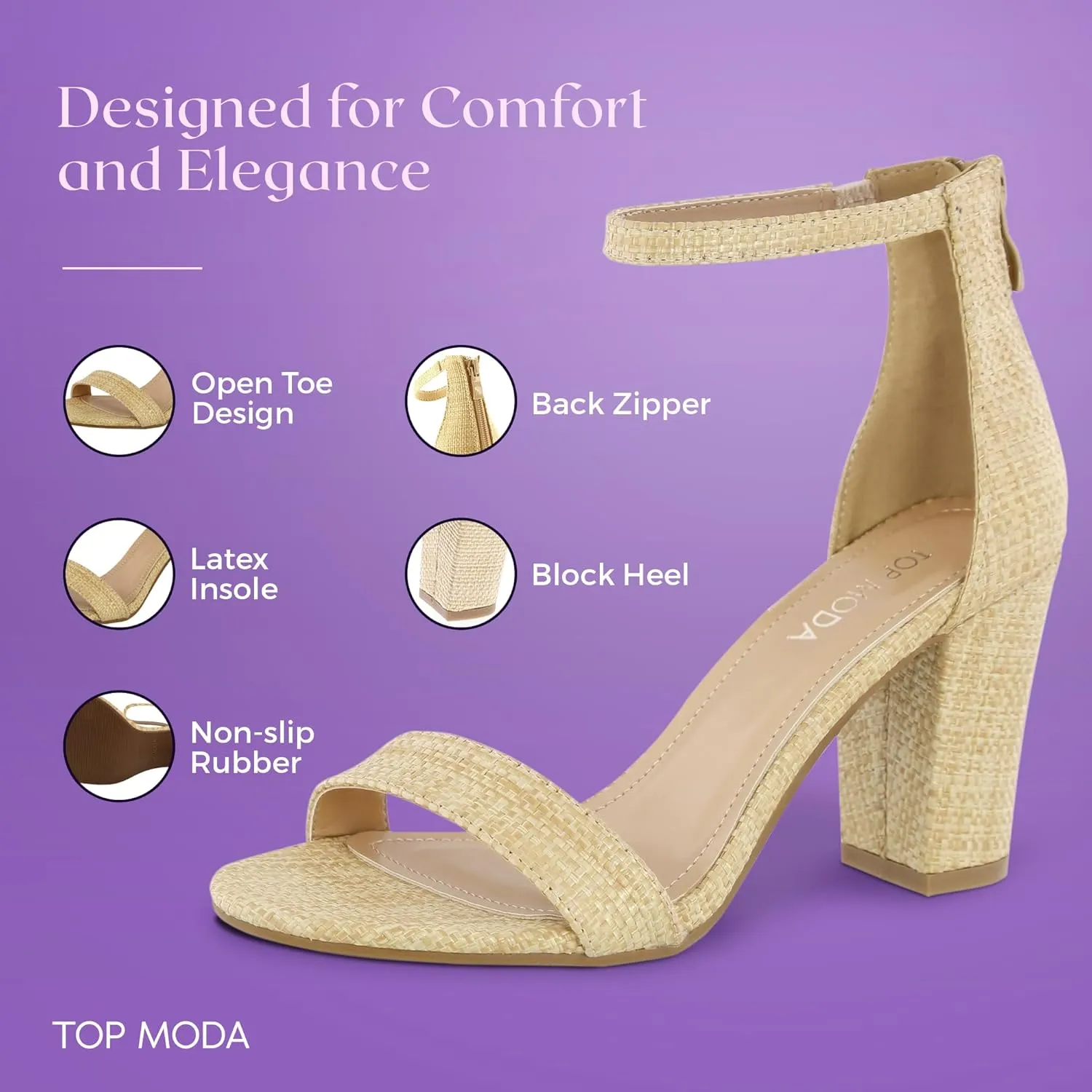 TOP MODA Hannah-1 Ankle Strap Dressy High Heel Sandal, Non-slip Sole, For Wedding, Party, Prom, Evening Wear, or Any Occasion, Sleek Style Block Heel Sandals