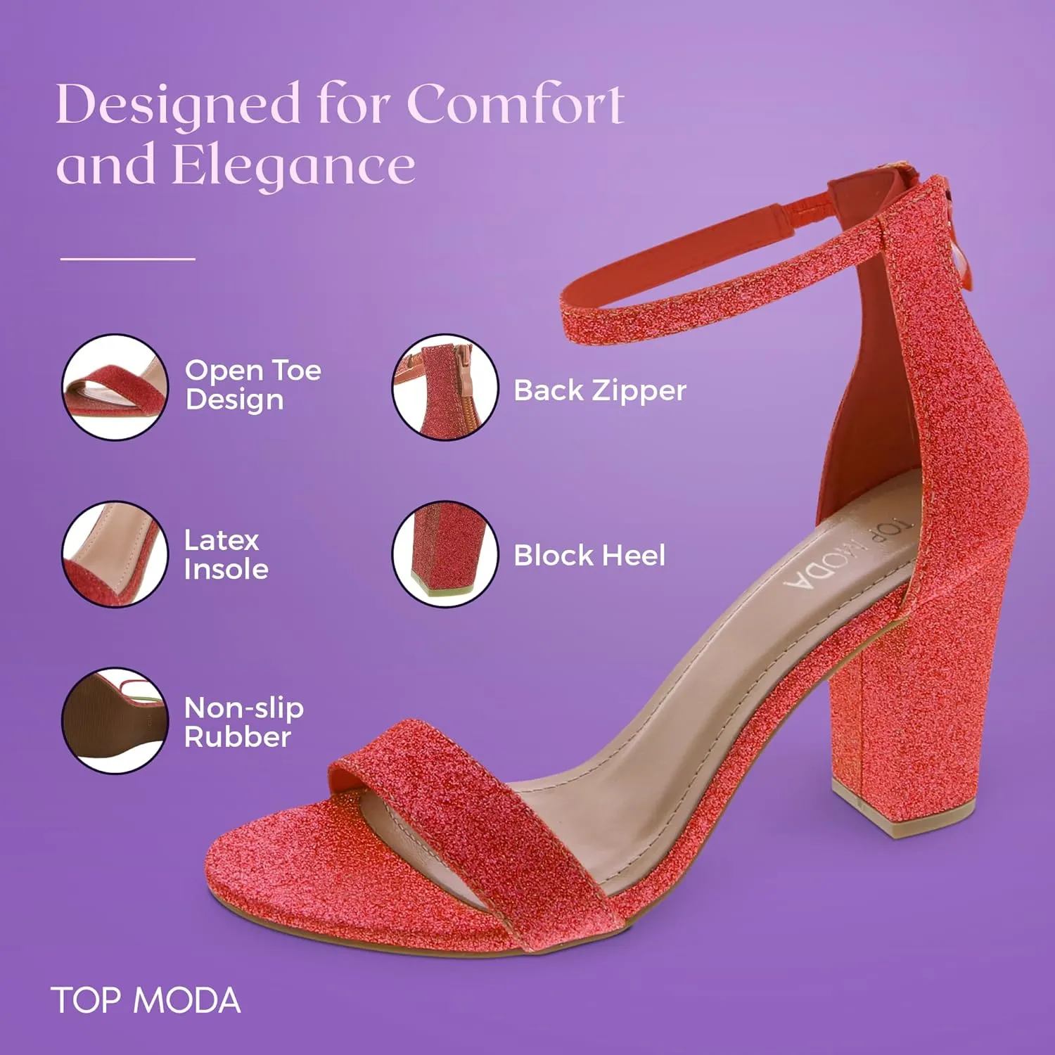 TOP MODA Hannah-1 Ankle Strap Dressy High Heel Sandal, Non-slip Sole, For Wedding, Party, Prom, Evening Wear, or Any Occasion, Sleek Style Block Heel Sandals