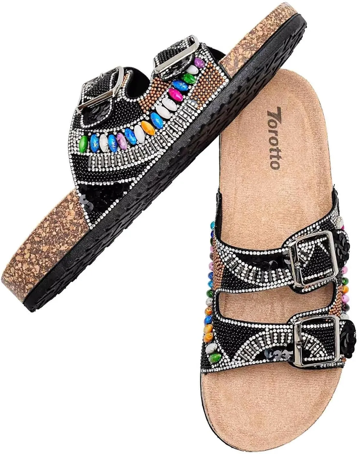 Torotto Womens Slides with Cork Footbed Open Toe Adjustable Webbing Flat Sandals for Walking | Beach | Indoor