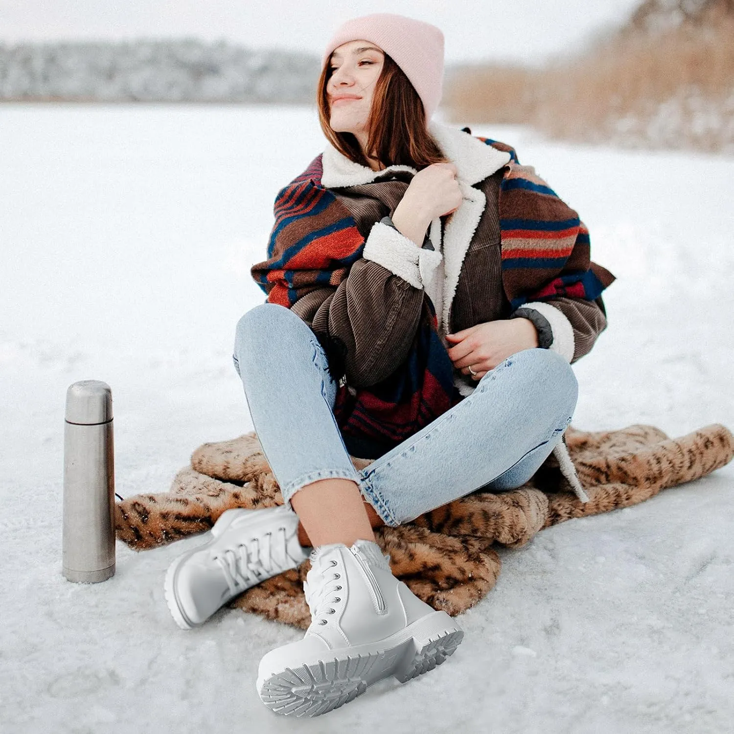 Uoidru Combat Boots For Women Ankle Booties Black Winter Snow Boots White Lace Up Boots Comfort Fuzzy Boot Side Zipper Short Boots (Warm,Non slip)