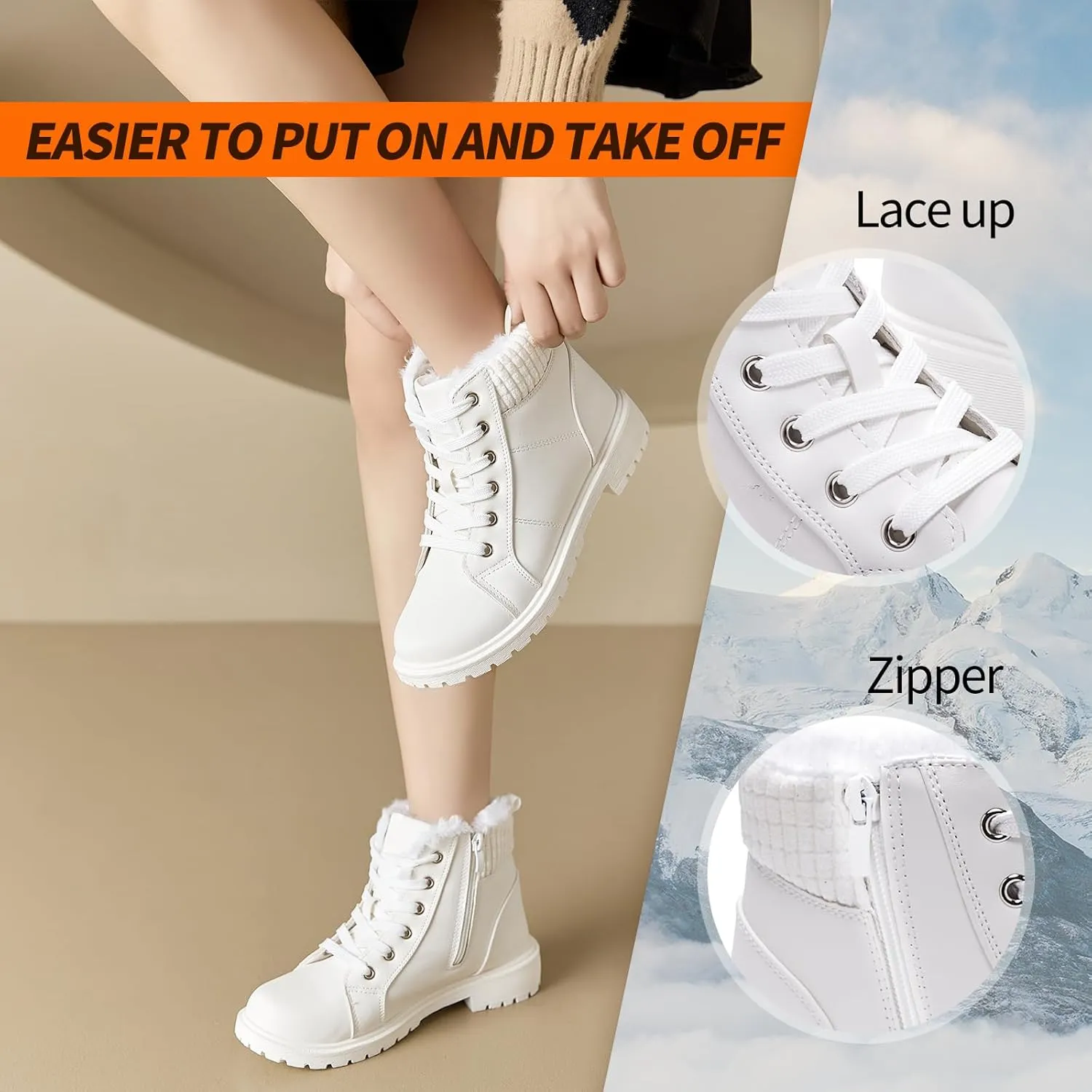 Uoidru Combat Boots For Women Ankle Booties Black Winter Snow Boots White Lace Up Boots Comfort Fuzzy Boot Side Zipper Short Boots (Warm,Non slip)
