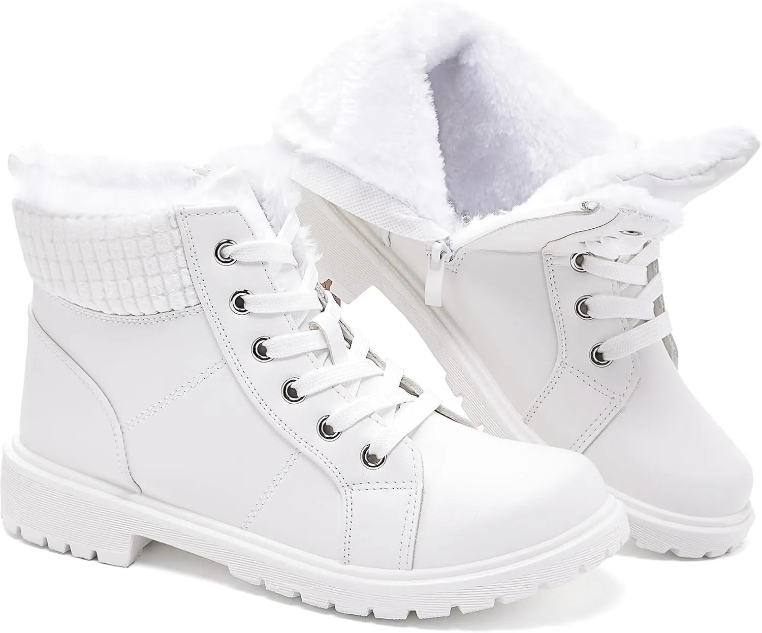 Uoidru Combat Boots For Women Ankle Booties Black Winter Snow Boots White Lace Up Boots Comfort Fuzzy Boot Side Zipper Short Boots (Warm,Non slip)